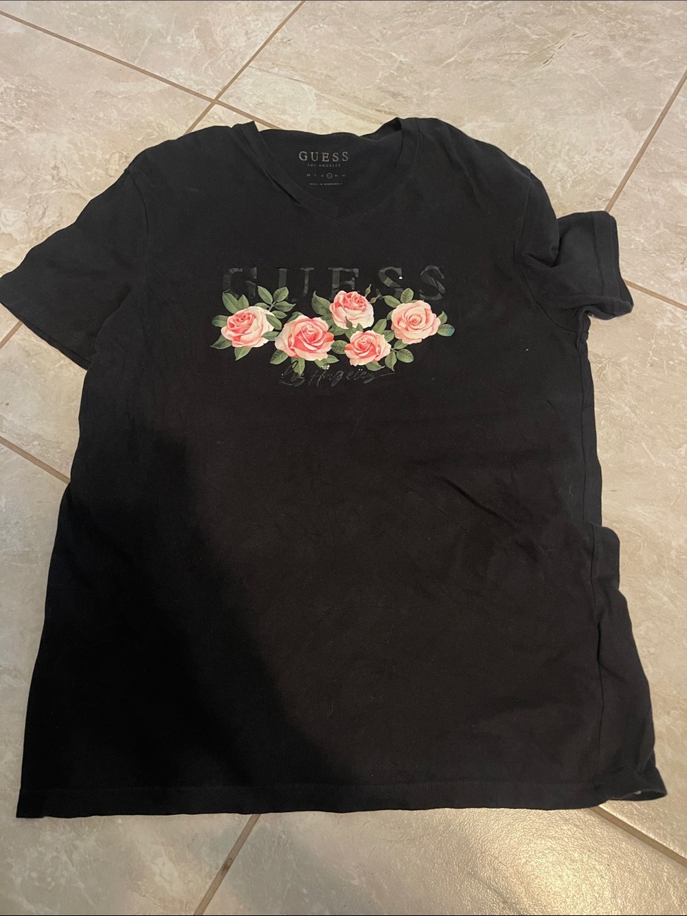 Guess Black Short Sleeve Tee with Pink Rose Graphic